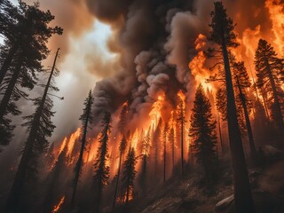Raging forest fire with billowing smoke. Drought and arid fire.