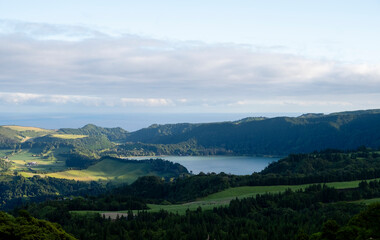 Fototapeta premium Beautiful landscape of Sao Miguel island in the Azores, with the Furnas Lake in the background. Azores, Portugal.