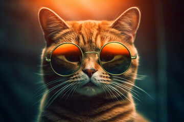 Ginger cat with glasses. AI generated