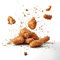 Fried nuggets chicken with crumbs falling in the air, on a white background 