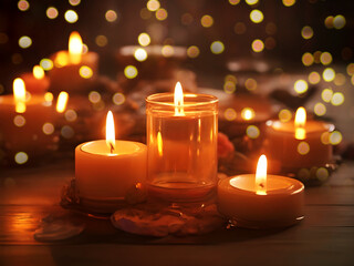 Fototapeta na wymiar Close-up of burning candles on a wooden table. Romantic mood