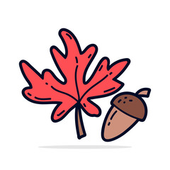 Autumn oak leaf and acorn. Vector illustration in doodle style