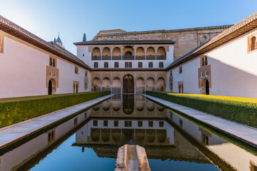 Fototapeta premium Courtyard of the Myrtles (Patio de los Arrayanes) in La Alhambra, Granada, Andalusia Spain