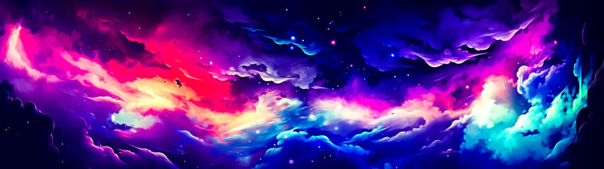 Colorful sky with clouds and stars in the middle of the night sky.