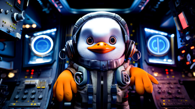 Penguin in space suit with headphones on and space shuttle in the background.