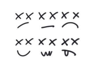 Hand drawn doodles and scribbles, smiley faces set on transparent background