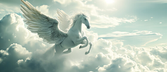The enchanting legendary white winged horse the Pegasus takes flight through clouds