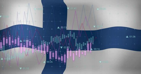 Animation of graphs processing data over flag of finland - Powered by Adobe