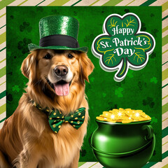 Golden Retriever celebrating St. Patrick's Day dressed as leprechaun, green bow tie and top hat, gold