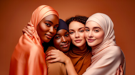 Group of women in headscarves posing for picture with their arms around each other. - obrazy, fototapety, plakaty