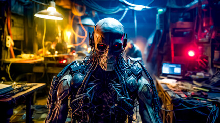 Man in sci - fi fi fi suit with red eyes standing in dark room.