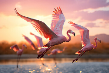 A flock of pink flamingos flies over the water. Generated by artificial intelligence