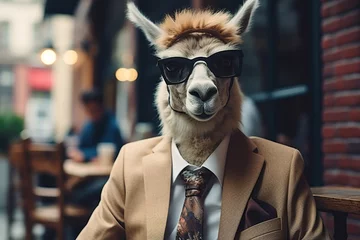 Abwaschbare Fototapete Lama A llama in a business suit and sunglasses sits in a cafe. Generated by artificial intelligence