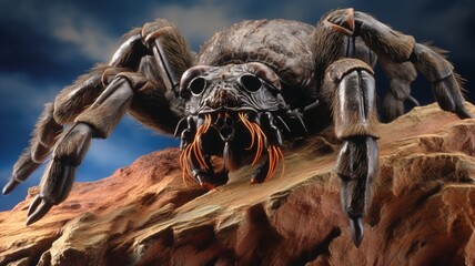 A tarantula clinging to the side of a rock face, showcasing its ability to navigate various terrains -Generative Ai