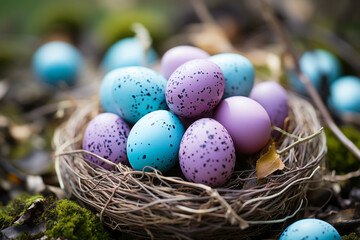 Fototapeta na wymiar A nest filled with a stunning array of blue and purple Easter eggs, creating a visually captivating scene.