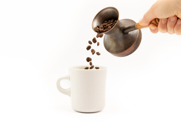 Coffee beans in a cup. Coffee brewing concept.