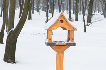 Wooden bird feeder in a winter forest
