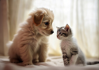 AI generated. Kitten and puppy sitting on the bed