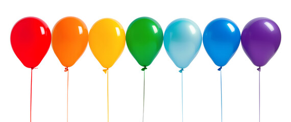 Line of helium balloons in rainbow colors on strings isolated on white background - obrazy, fototapety, plakaty