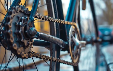 Bicycle gear and chain close-up. Bicycle repair concept.