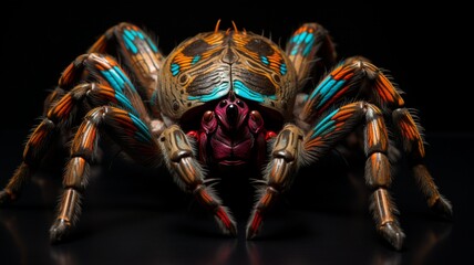 A tarantula in a defensive pose, with its vibrant colors and patterns accentuated under controlled studio lighting -Generative Ai