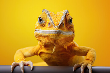 Bright yellow chameleon on a yellow background. Generated by artificial intelligence - obrazy, fototapety, plakaty