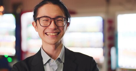 Face, business and man with a smile, glasses and employee with joy, Japanese and career. Portrait, person and lawyer with eyewear, clear vision and formal with a break, startup and cheerful worker
