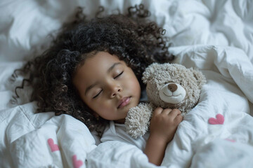 A charming black little girl with curly hair sleeps serenely, gently hugging a soft teddy bear, the concept of sleep and rest, healthy lifestyle and development - obrazy, fototapety, plakaty