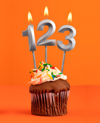 Birthday cupcake with number 123 candle - Orange color background