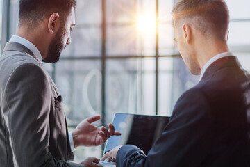 two professional businessmen discussing and using desktop computer in office