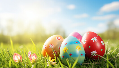 Fototapeta na wymiar Easter eggs in grass. Three painted easter eggs celebrate