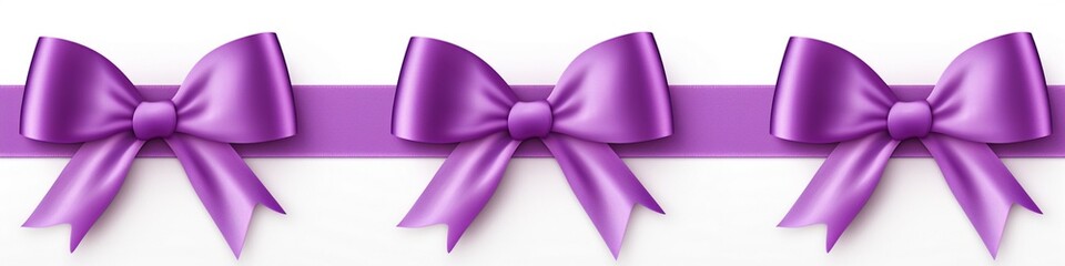 Six violet satin ribbon bows, isolated on a solid white background,