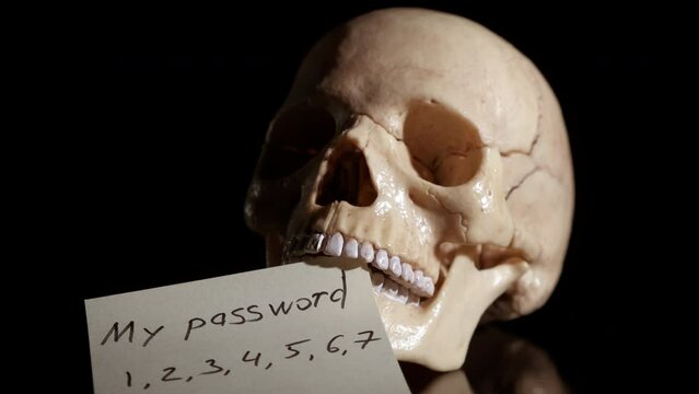 Write unsafe password. A written unsafe password on the paper in skull mouth against black background. A concept of trouble with cyber life.