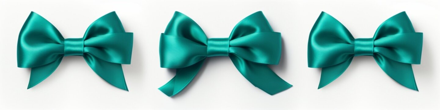Six teal satin ribbon bows, isolated on a solid white background,