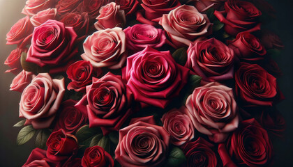 Beautiful red and pink roses in a bouquet on a light background. Generative ai.