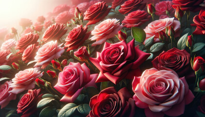 Valentine's day background with red roses. Generative ai.