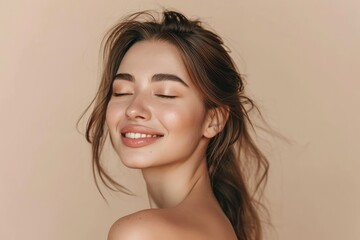 Elegant woman with a subtle beauty smile, her skin a reflection of wellness and self-care, against a minimalist beige studio background, emanating happiness and grace.