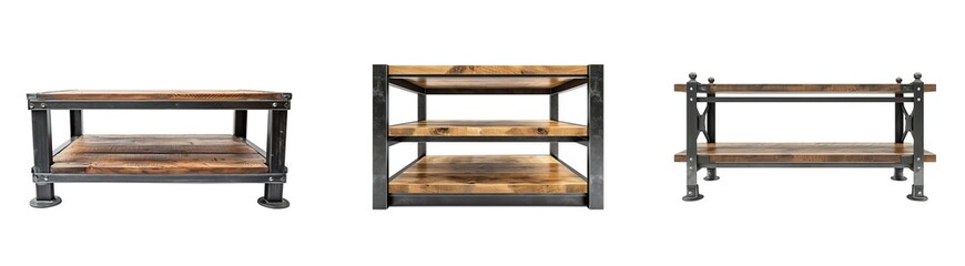 Industrial style metal and wood shelves over isolated transparent background