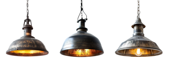 Industrial pendant lamps made of metal over isolated transparent background