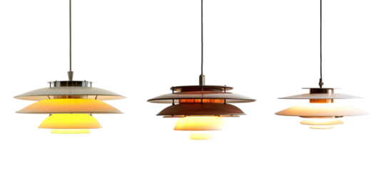 Modern decorative pendant lamps made of metal over white transparent background