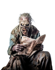 Scary zombie reading paper and looking at camera over isolated transparent background