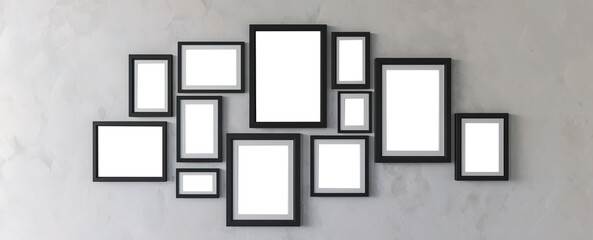 Set of different sizes of photo frames in rustic wall. Copy space in frames for photography or painting copy space