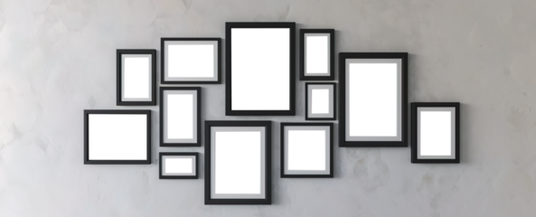 Set of different sizes of photo frames in rustic wall. Copy space in frames for photography or painting copy space