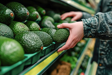 Close up image of person choosing avocados in a supermarket - obrazy, fototapety, plakaty