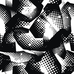 Abstract seamless pattern with grunge elements scuffed, sprays, dots. Black and white background for girls and boys. Modern chaotic wallpaper. Silhouette Repeated backdrop