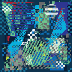Abstract seamless pattern with grunge geometric elements, brush track silhouette, squares, lines. Multilayer repeated backdrop for boys, sport textile, clothes, wrapping paper. Grunge urban style