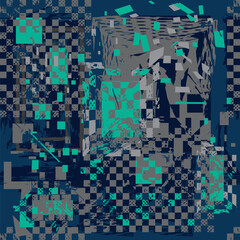 Abstract seamless pattern with grunge geometric elements, brush track silhouette, squares, lines. Multilayer repeated backdrop for boys, sport textile, clothes, wrapping paper. Grunge urban style