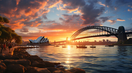 Fototapeta premium View of an Australian City by the Water during the Golden Hour. Generative AI