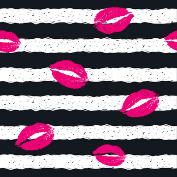 Fashion patch badges. Abstract seamless pattern. Lips on repeated stripes background.