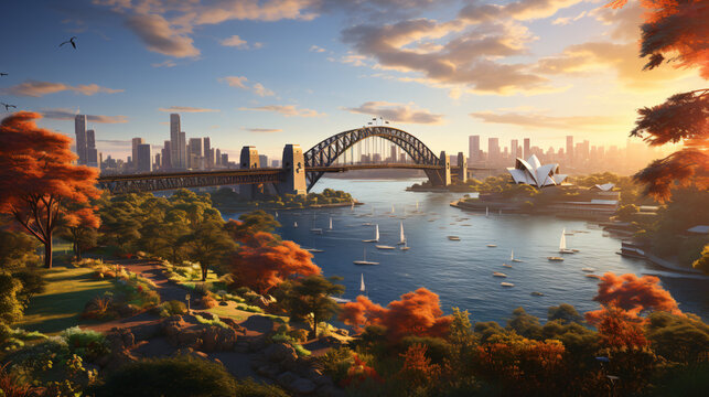 View of an Australian City by the Water during the Golden Hour. Generative AI